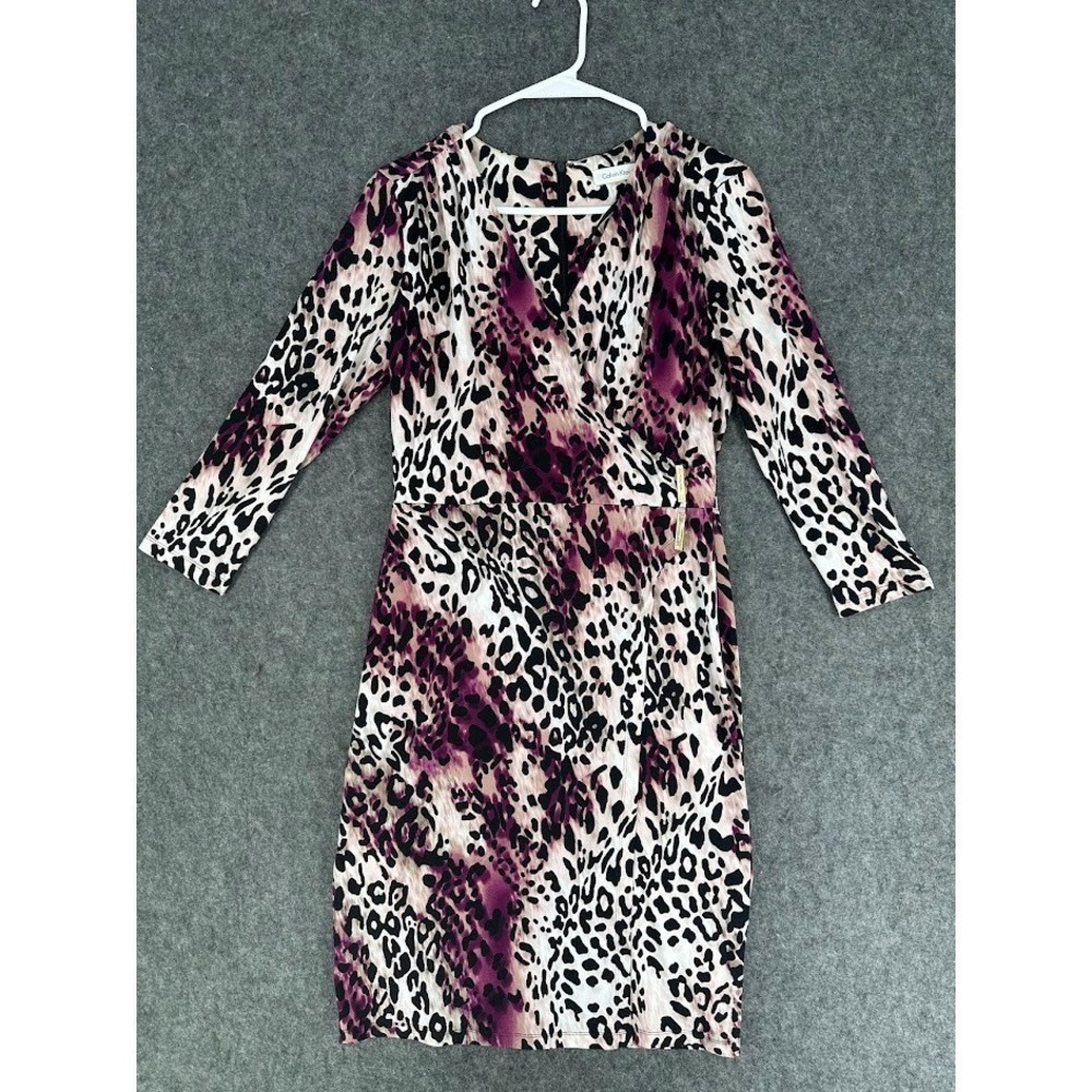 Calvin Klein Leopard Print Dress Women M Wrap Style Purple Black Knee Length